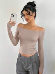 SHEIN EZwear Brązowa, obcisła, swobodna, damska koszulka z golfem z odkrytymi ramionami i długim rękawem, idealna na jesień - Morela - Zobacz 1