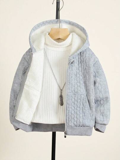 SHEIN Explorewe 男童双层麻花针织纯色长袖连帽外套，面料柔软舒适，适合秋季上学的男孩