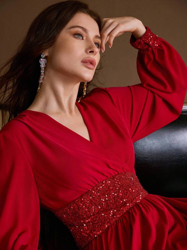 CONTRAST SEQUIN RUCHED V-NECK FITTED WAIST DRESS, AUTUMN/WINTER, CHRISTMAS DRESS, RED DRESS, NEW YEAR DRESS