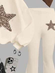 Conjunto de 2 piezas de sudadera de cuello redondo gruesa y suave, holgada, y pantalones acampanados gruesos, en color beige crema con estampado retro de leopardo y estrella, adecuado para otoño/invierno, estilo diario, campus, hogar, temporada cálida, ropa de otoño e invierno, fácil comodidad, capas de otoño e invierno para niñas, ropa gráfica de estrella para niños, nueva moda de otoño, estilo casual - Multicolor - Ver 7