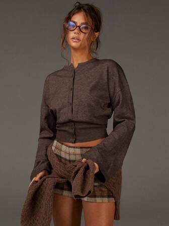 Athîral 女式复古休闲纽扣喇叭袖开衫，秋季