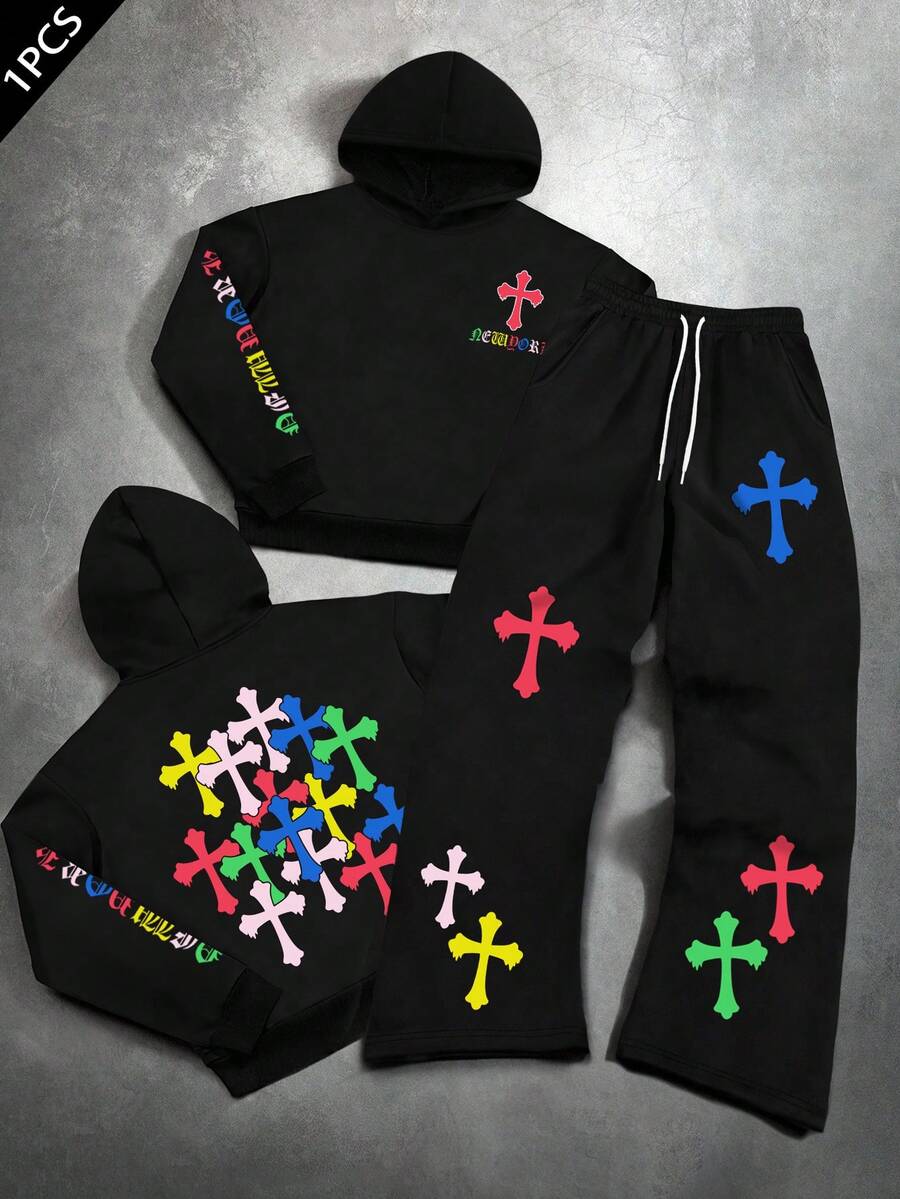 PAVTROS 2 件男士彩色十字架和纽约口号图案印花街头风连帽衫和运动裤套装，秋季服装 - 黑色 - 查看 1