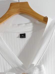 SHEIN Tall CURVE 大码女式休闲优雅珍珠纽扣罗纹开衫T恤，秋冬 - 白色 - 查看 4