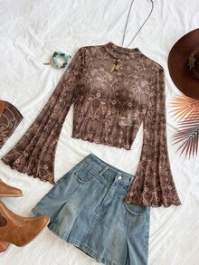 Soleia New Floral-Printed Trumpet-Sleeved Round-Neck Casual Top, Brown Check Pattern, Autumn Bohemian Style, Party And Carnival Theme No Chest Padding - Multicolor - View 5