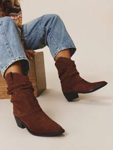 Styleloop 女士棕色尖头西部靴，高跟踝靴，绒面革宽松靴，经典复古风格，通勤必备，冬季防滑 - 駝色 - 查看 1