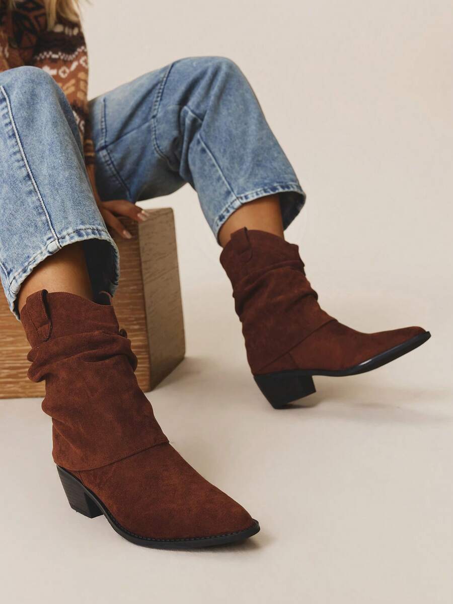 Styleloop 女士棕色尖头西部靴，高跟踝靴，绒面革宽松靴，经典复古风格，通勤必备，冬季防滑 - 駝色 - 查看 1