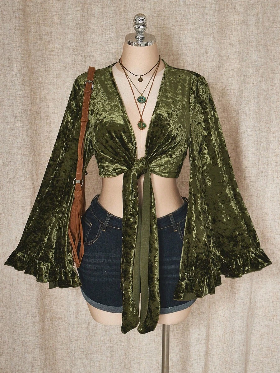 SHEIN ICON 大码女式复古荷叶边领带绿色天鹅绒衬衫 - 綠色 - 查看 1