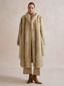 SHEIN Stylify Women's Casual Fluffy Faux Fur Straight Coat, Minimalist Design, Autumn/Winter - Khaki - View 7