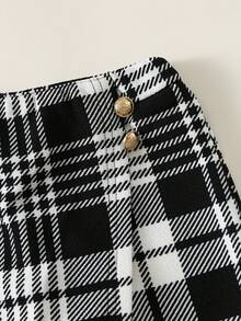 女婴可爱优雅针织黑色长袖T恤和格子松紧腰裙裤套装，秋冬 - 黑色 - 查看 4