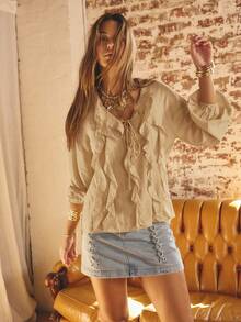 Aralina Ruffled V-Neck Long Sleeve Front Tie Blouse - Khaki - View 7