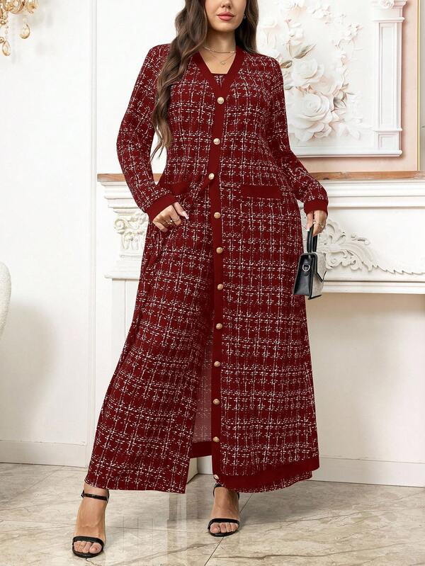 SHEIN Clasi Plus Size Women 3 Pieces Set: Plaid Print Single-Breasted Long Cardigan, Camisole, And Wide Leg Pants, Suitable For Work And Commute, Autumn/Christmas