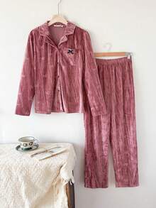 SHEIN Teen Girls Simple Fashion Casual Solid Color Velvet Embossed Fabric Bow Decor Long Sleeve Pants 2 Pieces Pajama Set Pink Pajama Set 2 Pieces Pj Set Velvet Pajama Set Bow Print Pajama Set Red Pj Set Women 2 Piece Pj Set - Dusty Pink - View 3