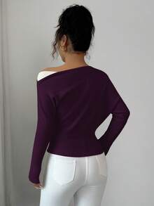 Elenzga Women's Colorblock Asymmetric-Shoulder Pullover Sweater, Elegant Vintage Style Suitable For Vacation And Holidays, Spring/Autumn - Red Violet - View 2