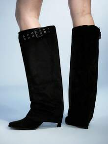 Sugerpunk Women's Asymmetrical Ruched Shaft Round Toe Thick Heel Warm Boots With Double Buckle Decor, Autumn/Winter - Black - View 1