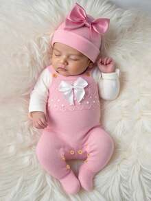 SHEIN 1 件新生儿粉色毛衣连体衣，配有可爱的蝴蝶结肩带，时尚简约连体裤 - 粉色 - 查看 1