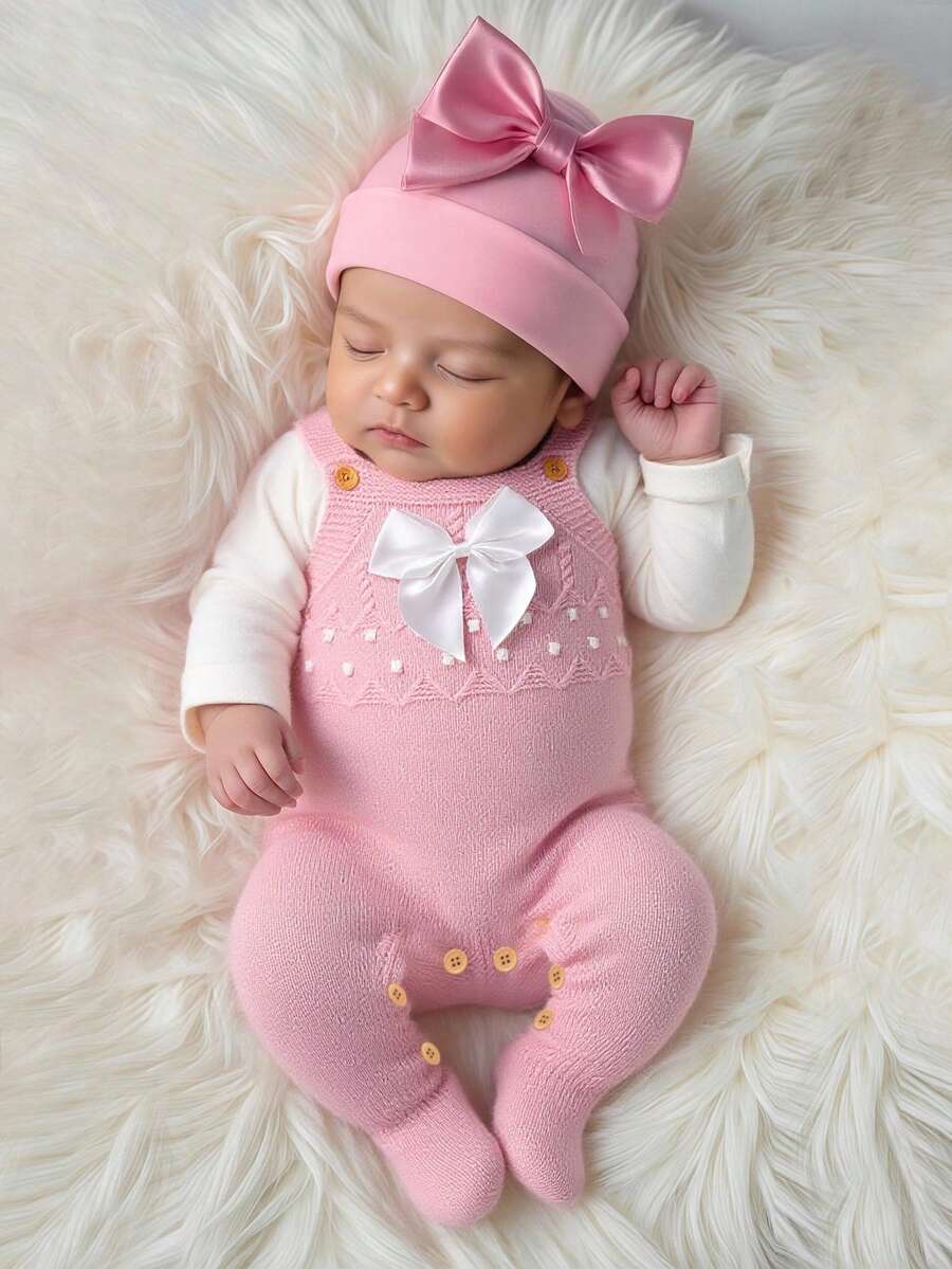 SHEIN 1 件新生儿粉色毛衣连体衣，配有可爱的蝴蝶结肩带，时尚简约连体裤 - 粉色 - 查看 1