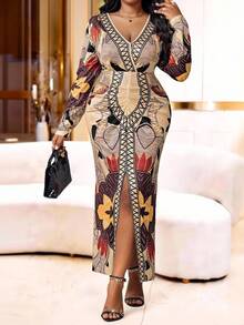 SHEIN Lady Brown Dress Elegant Dresses For Party Long Party Dresses Luxury Evening Dresses For Women Shiny Dress Party Dress   Long Party Dress  Plus Size Women Geometric Print V-Neck Long Sleeve Split Hem Fitted Elegant Dress