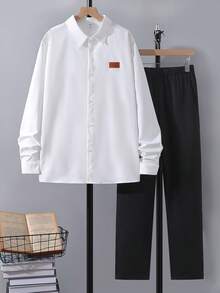 SHEIN 2 件套青少年男孩绅士装 - 白色领长袖衬衫 + 黑色长裤，绅士西装套装，商务优雅，学院风，适合生日派对、日常休闲装、婚礼、婚礼嘉宾、花童、戒指男孩 - 白色 - 查看 3