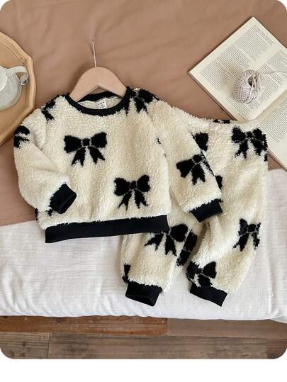 Baby Girl Cute Fluffy Bow Decor Long Sleeve Sweatshirt & Elastic Waist Pants Set, Autumn/Winter