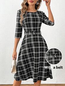 SHEIN Clasi Rochie de damă cu curea în carouri - Alb-negru - Vizualizare 9