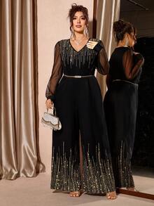 Cravure Plus Size Women's Luxurious, Elegant Mesh Patchwork Jumpsuit - Black - View 4