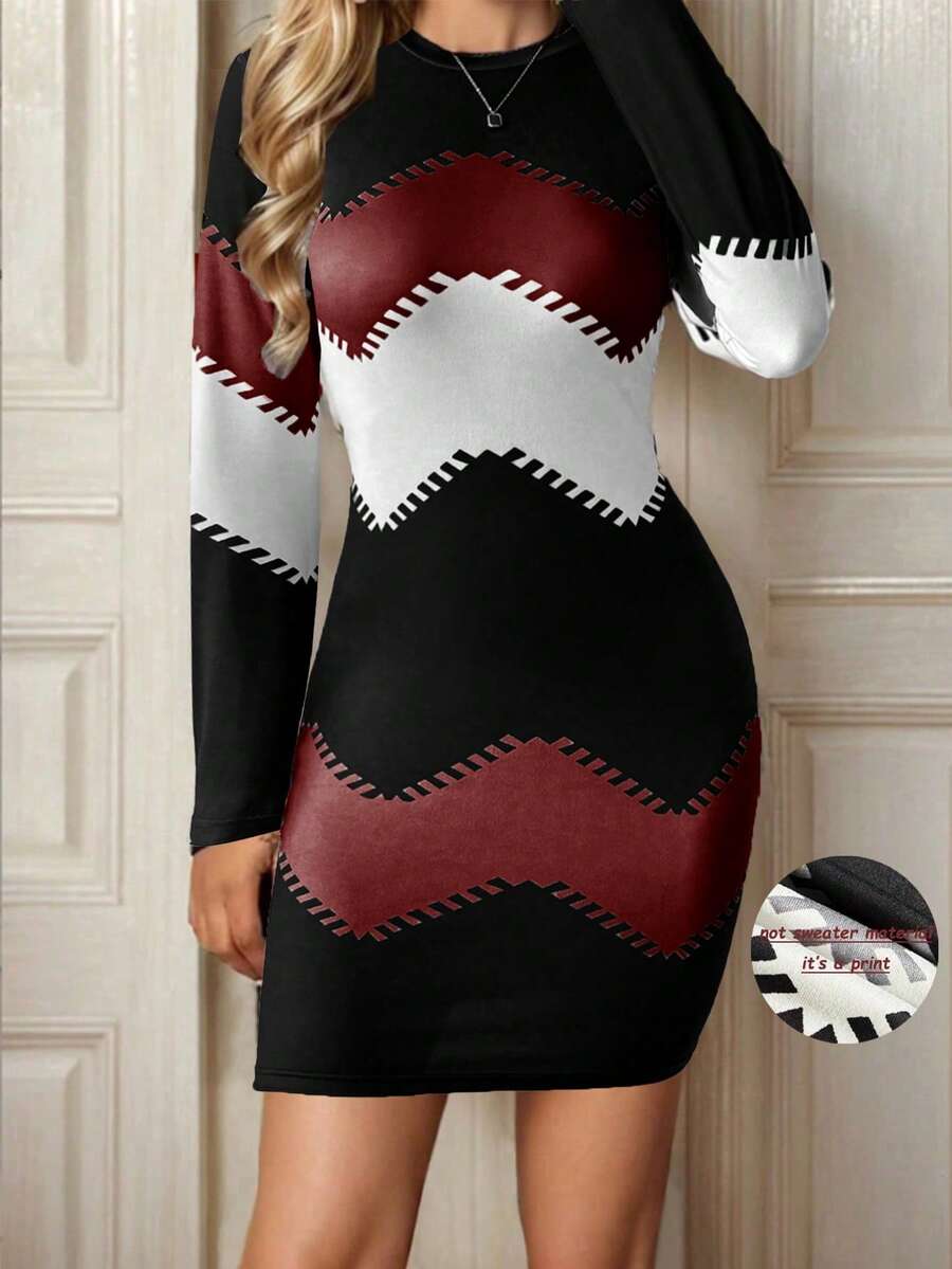 Chiquease 撞色印花休闲长袖连衣裙 酒红色女装 - 酒紅色 - 查看 1