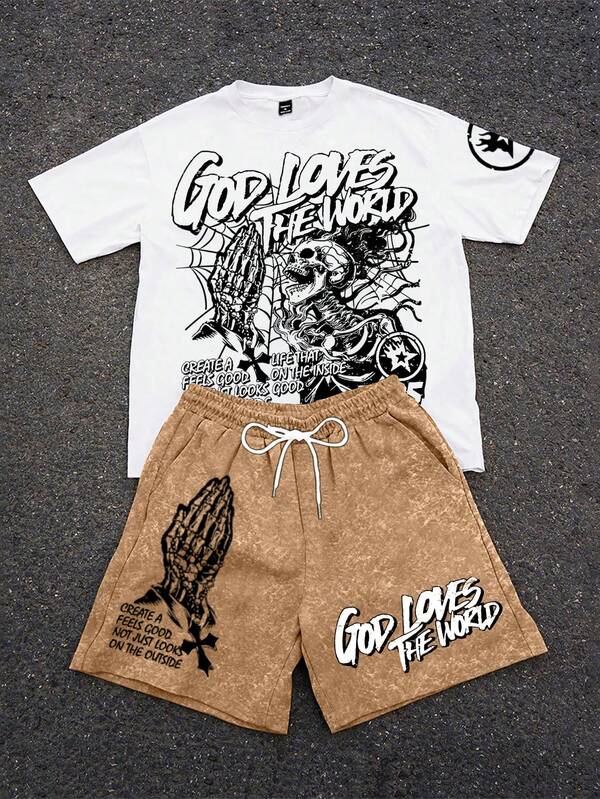 PAVTROS Conjunto de camiseta de cuello redondo y pantalones cortos con diseño de calavera de cultura callejera, manos en oración, cruz y telaraña en blanco y negro con el texto "Dios ama al mundo"