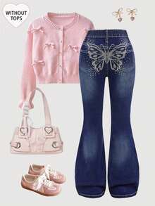 SHEIN Tween Girl Navy Blue Butterfly Rhinestone Flared Jeans,Y2k Back-To-School Casual School Summer Denim Stretch Tight Pants For Vintage Streetwear Rave - Blue - View 1