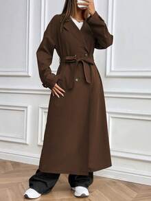 Ritzy Row 女式纯色时尚长款双排扣风衣 - 咖啡棕 - 查看 4