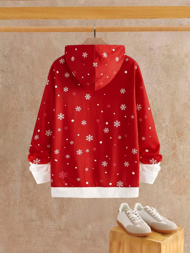 Manfinity VCAY 男士休闲圣诞可爱卡通驯鹿、字母和雪花印花落肩宽松连帽卫衣，适合圣诞节亲子装、圣诞驯鹿主题长袖上衣 - 紅色 - 查看 3
