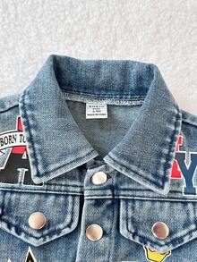 SHEIN Playful Pals 2pcs Baby Boys Retro Blue Denim Outfit,Collared Long Sleeve Jacket With Letter Print And Elastic Waist Wide Leg Pants,Casual Back-To-School Autumn Set - Medium Wash - View 5