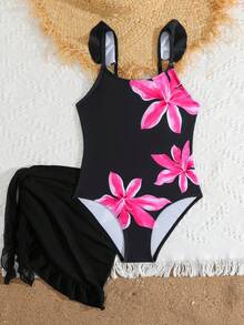 SHEIN Tween Girls Floral Print One-Piece Swimsuit With Tie-Front Skirt Hibiscus Swimsuit Girls Black With Pink Flower Swimsuit Tween Hawaiian Outfit Black One Piece Bathing Suit With Skirt - Black - View 7