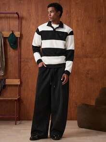 SWAVVY Men's Contrast Stripe Pullover Casual Sweatshirt Set - Black - View 4