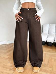 SHEIN PETITE 女士休闲宽松阔腿蓝色牛仔裤、复古牛仔裤、海军蓝牛仔裤、秋季女装、冬季女裤、蓝色返校节牛仔裤、女式喇叭裤 - 棕色 - 查看 4