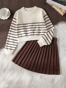 Sparklyn 棕白相间柔软舒适弹力宽松针织毛衣套装，适合居家、度假、新年、圣诞节、万圣节派对、返校季穿着。儿童两件套裙装，青少年百褶裙套装，秋冬女童服装裙装套装。 - 卡其色 - 查看 3