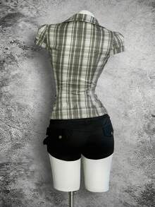 StreetHx 女士蓝色格子盖袖修身衬衫 - 綠色 - 查看 2