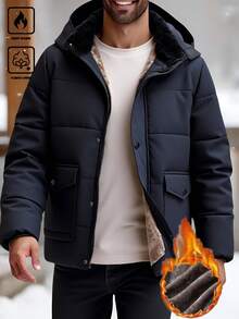 Manfinity Homme 男士秋冬时尚口袋保暖加厚羽绒服，可拆卸帽子，休闲宽松绗缝外套，藏蓝色，商务休闲两相宜，男士保暖加厚羽绒服，男士冬季外套，男士保暖加厚夹克，男士冬季派克大衣，男士连帽冬季外套，加厚羽绒服，男友/老公礼物，周年纪念礼物，男士休闲夹克，男士冬季外套，男士保暖外套 - 寶藍色 - 查看 5