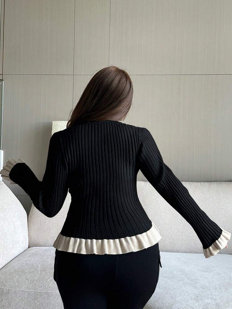 Contrast Color Patchwork V-Neck Tight Sleeve Frill Trim Elegant Plus Size Women Cardigan Sweater, Autumn/Winter