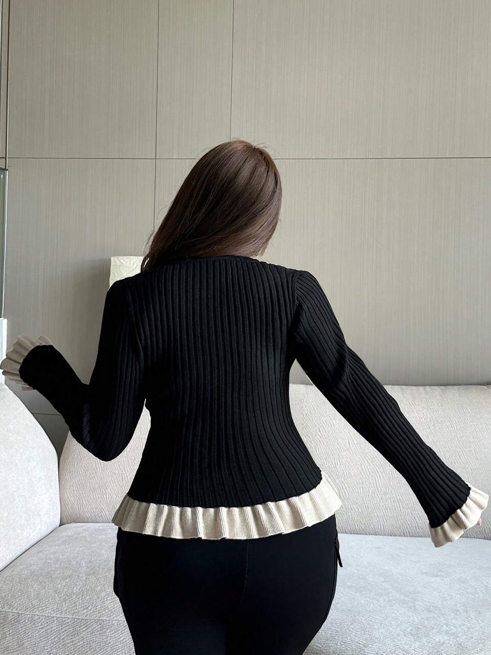 Contrast Color Patchwork V-Neck Tight Sleeve Frill Trim Elegant Plus Size Women Cardigan Sweater, Autumn/Winter