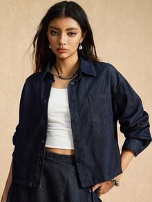 Easelle 女式复古游牧口袋短款牛仔衬衫 - 藍色 - 查看 3