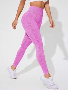 SHEIN Sports 女士纯色简约日常紧身裤 - 玫紅色 - 查看 3
