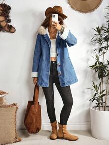 EMERY ROSE Women's Casual Denim Jacket With Fur Collar And Horn Buttons, Autumn/Winter - Blue - View 7