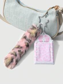 ROMWE Anime 1件Y2K风格复古极简高品质黑白渐变人造毛皮尾巴，PVC亮面卡包，带有音乐元素、波点翅膀、钢琴键、星星钥匙扣吊坠，适合女性日常佩戴和节日礼物 - 粉色-48 - 查看 5