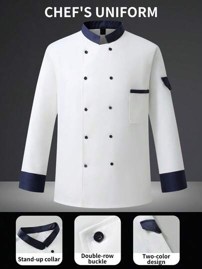 Manfinity Homme Camisa casual de chef de doble botonadura con cuello alto, de color contrastante y parches