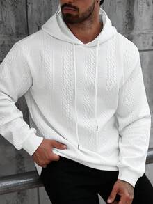 Manfinity CasualCool White Knitted Fabric Men's Hoodie Regular Length Long Sleeve Plain Pattern Comfortable And Men's Casual Basic Drawstring Hooded Sweatshirt White Hoodie Mens Hoodie Men Hoodie - White - View 3