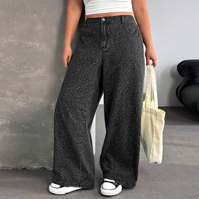 Jeans larghi leopardati da donna taglia comoda, stile cowgirl per l'autunno
