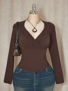 SHEIN ICON 女式加大码秋冬植物系列甜心领褶饰棕色长袖 T 恤 - 棕色 - 查看 13