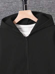 SHEIN 兒童 1 件大童男孩黑色連帽冬季開襟衫 寬鬆版型 秋季休閒城市運動學院風復古貼袋 開學日常穿搭 - 黑色 - 查看 7