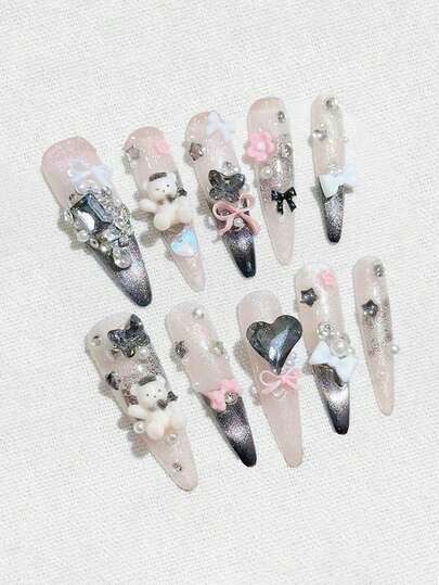 Anime 10pcs Y2K Cute Heart, Star, Bow, Wing Nail Art Stickers With Tape