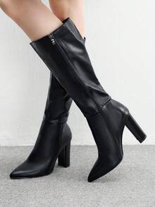 CUCCOO BIZCHIC 高品质黑色及膝靴，尖头粗跟优雅女靴，时尚百搭新设计长靴，展现女性魅力和优雅 - 黑色 - 查看 4